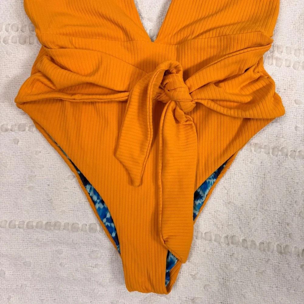 MAAJI‎ Maracuji McDreamy Reversible Deep Plunge Ribbed Yellow One Piece Medium